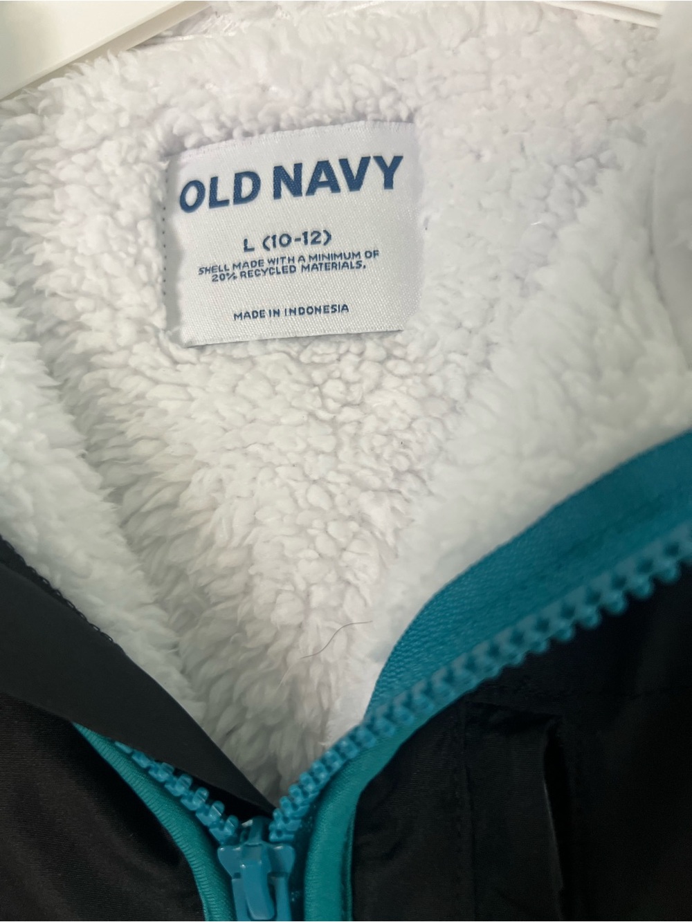 Old Navy Black Jacket with Teal Trim and White Sherpa Lining